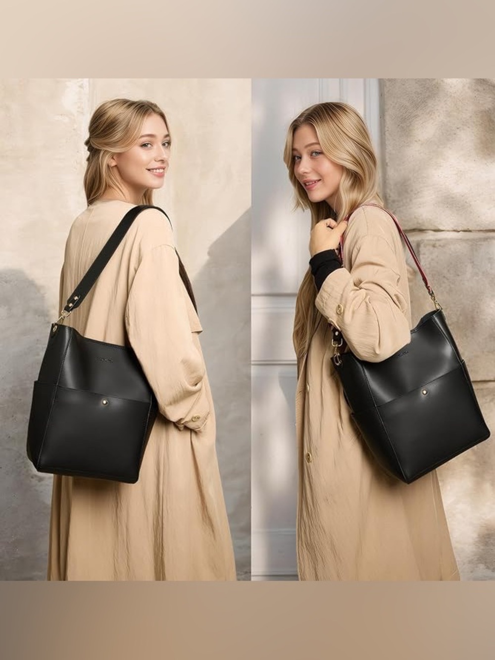 Bostanten Black Leather Bucket Tote Bag